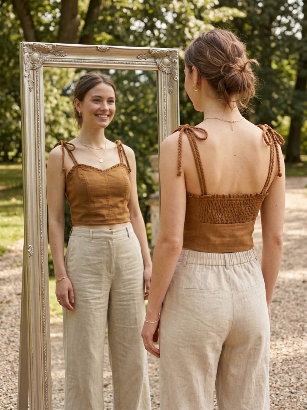 Aerie Linen-Blend Tie-Strap Smocked Crop Top | Camel Brown | Size XS